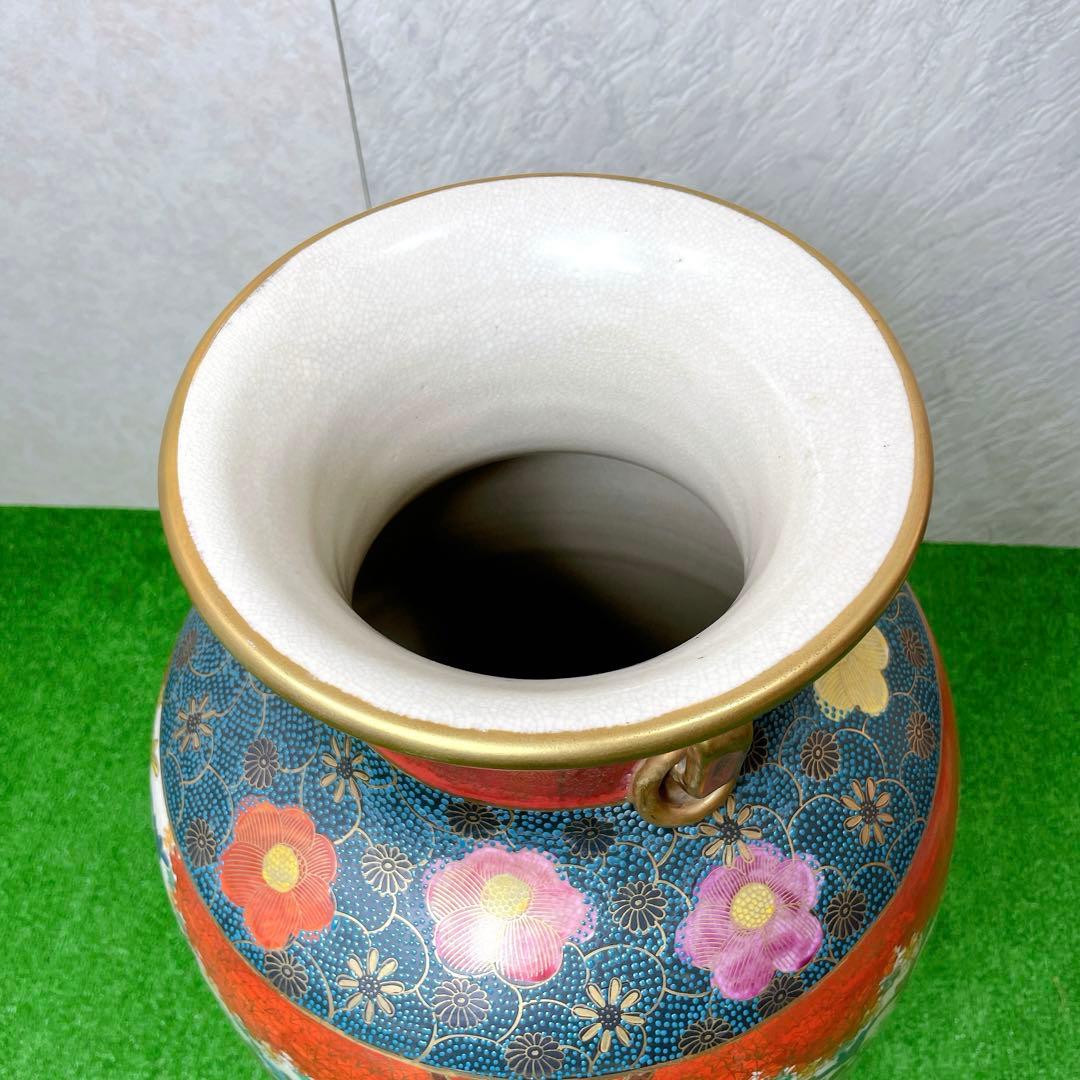 高級！骨董品 薩摩焼 大瓶 金蘭手染錦花絵図 金錦 耳付 壺