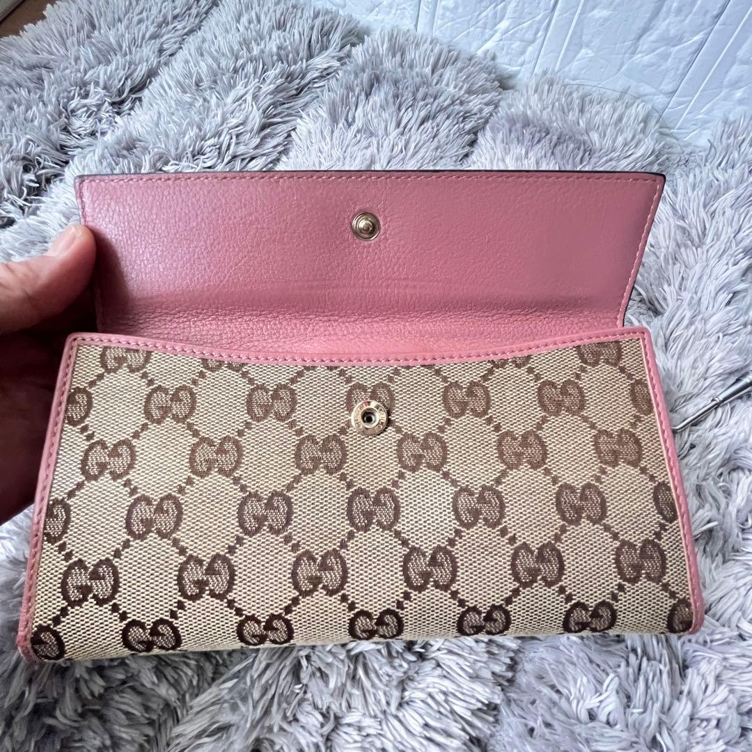 良品✨GUCCI GGキャンバス 長財布 ハート金具 Wホック ピンクベージュ