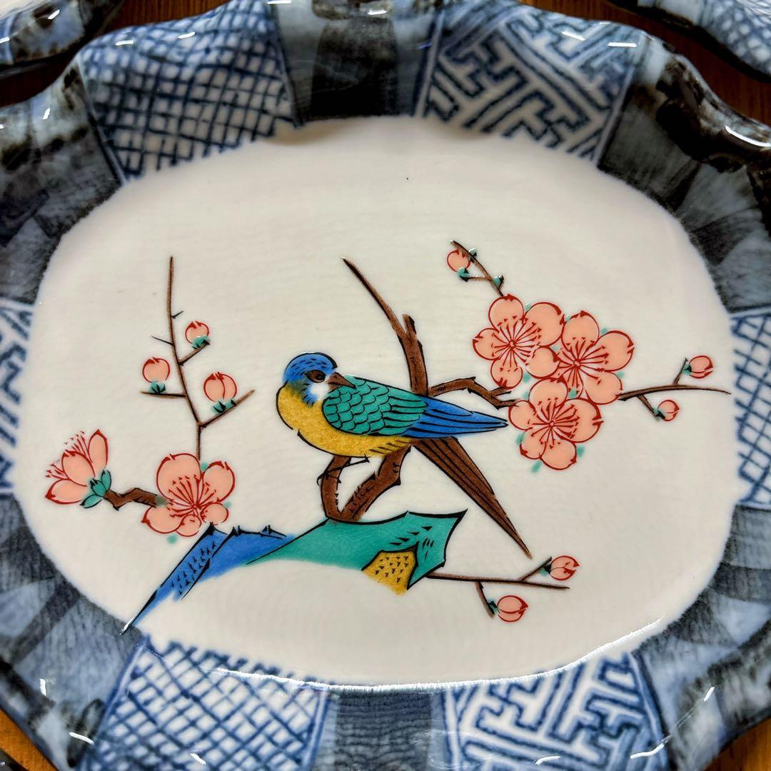 九谷焼 幸山窯 花鳥絵変わり 4.8号皿揃 楕円皿 銘々皿 横幅 14.8cm