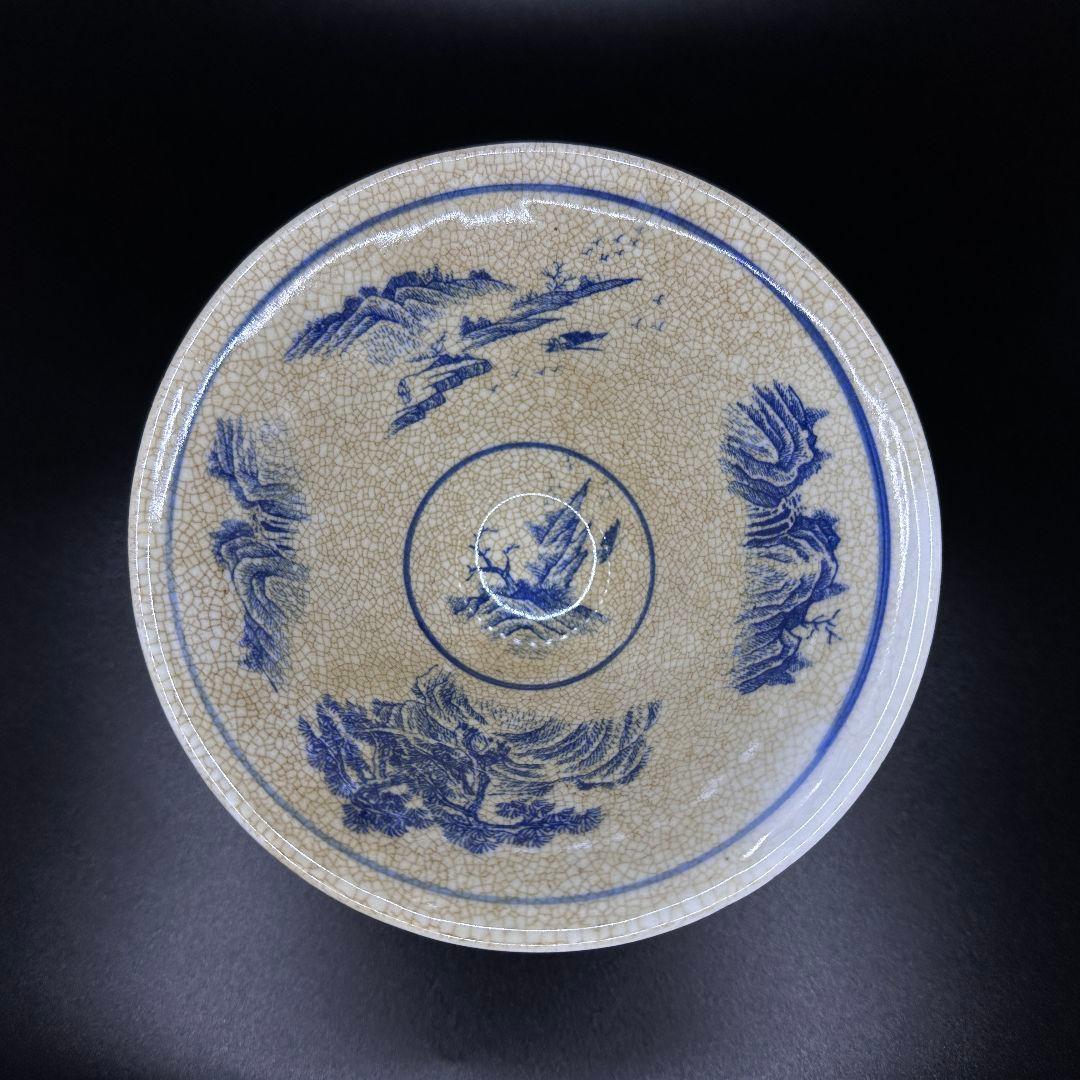 R111 藍染青絵 青花山水紋笠碗 アンティーク 青花山水盤日本美濃・瀨戶Blue and White Plate with Landscape Design