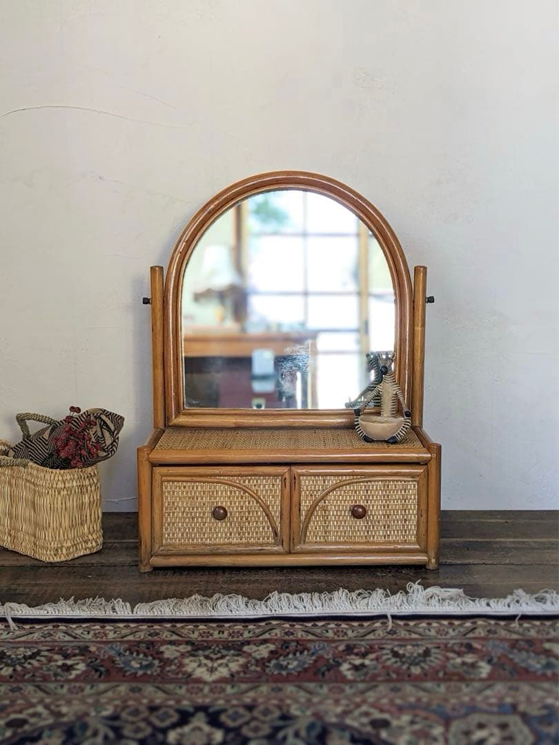 総ラタンのドレッサー　鏡台　ミニサイズ 今枝商店 籐 ドレッサー 円型スツール付き 幅45cm （ ラタン スリム