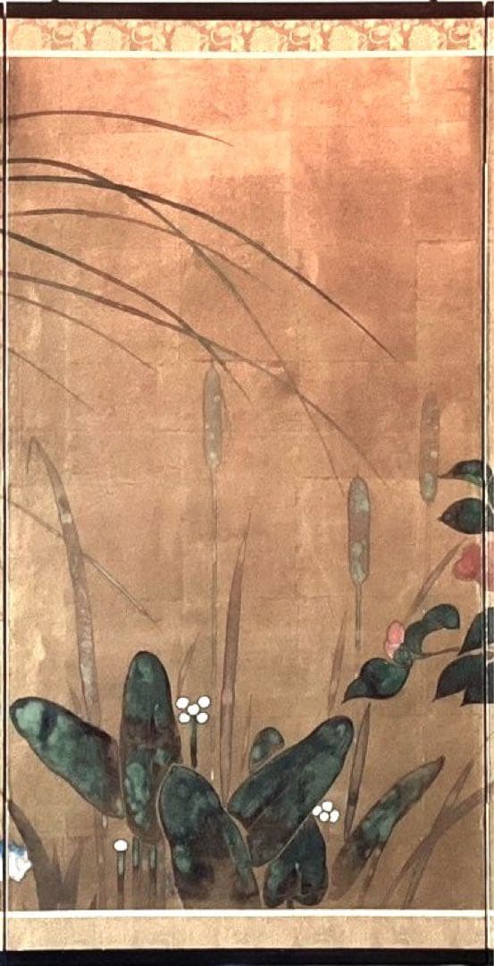 四つ折り屏風 日本画 金箔彩色 『牡丹に梅』