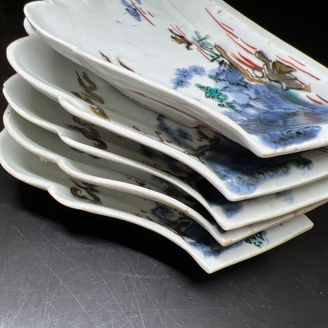 江戸初期古九谷富士型向付5枚木箱付最大幅約17㎝東Y7-0801⭐︎2F