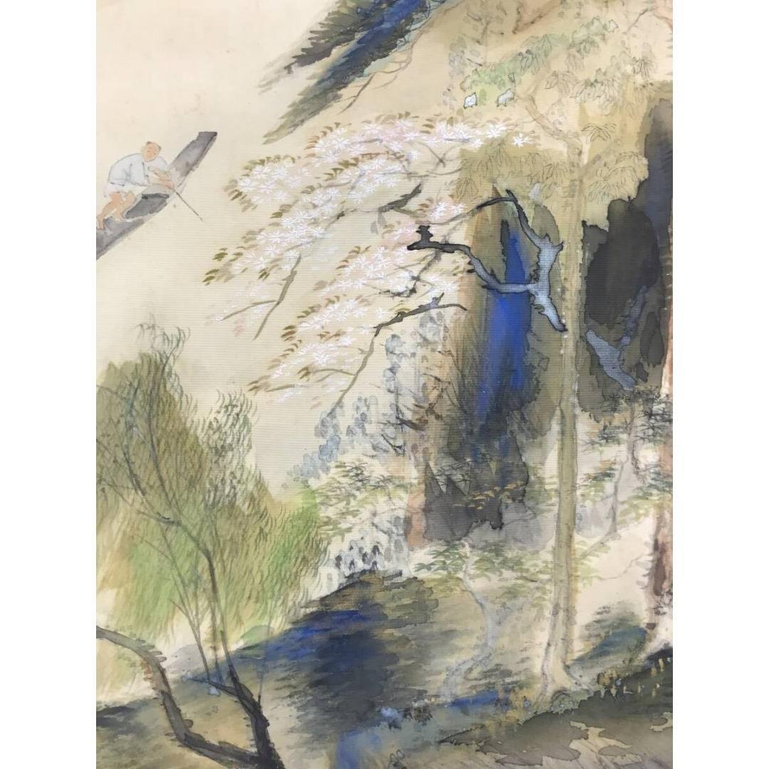 真作/橘田永芳/春江棹一舟図/山水図/春の掛軸/幅広/掛軸☆