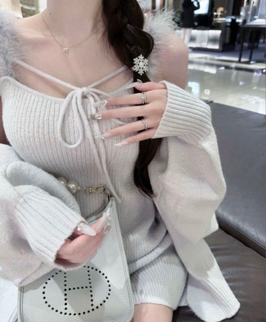 新品 ルミニョン feather ribbon op + cardiganブルー