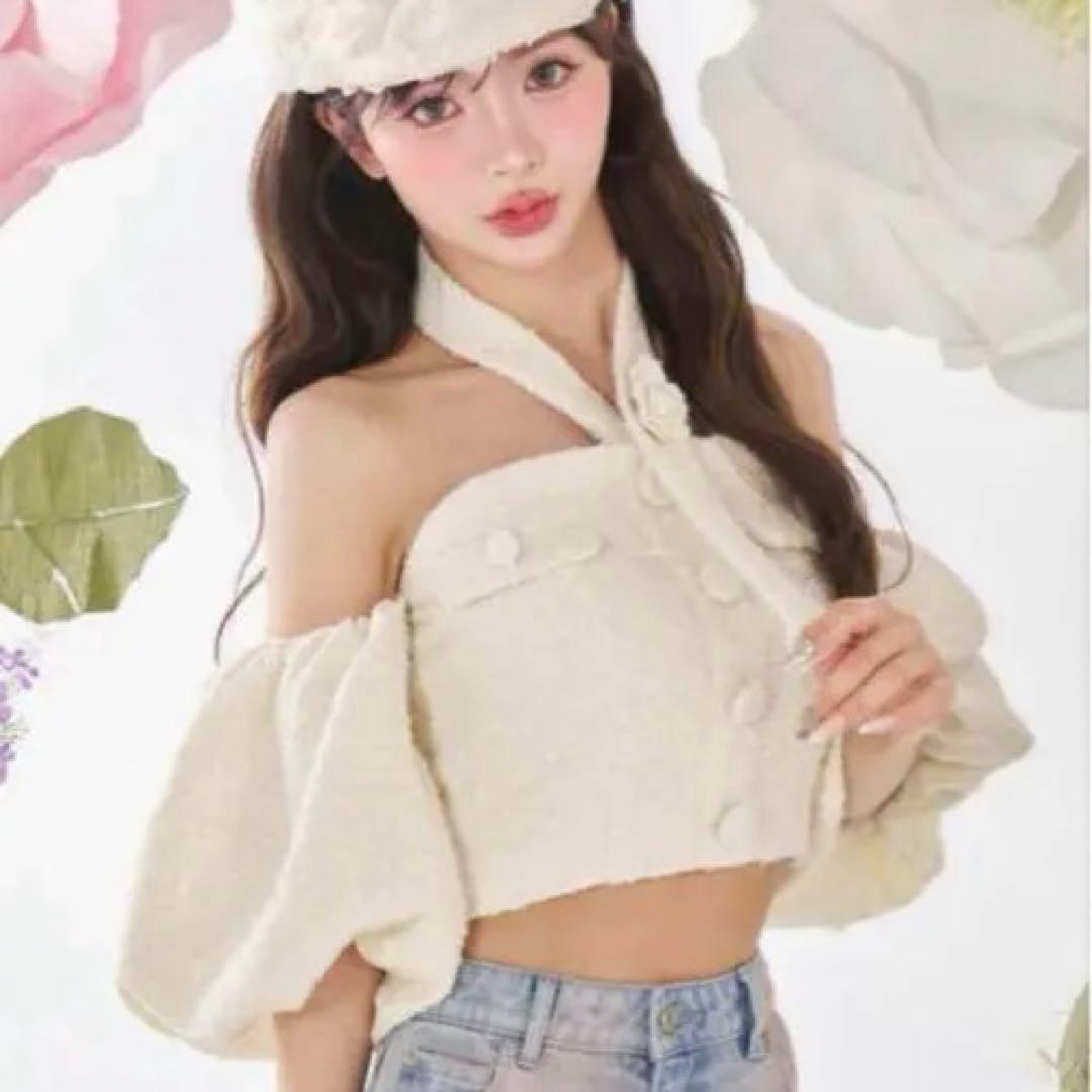 正規品　darich ホルターネックオフショルツイードトップス　白　パフスリーブ ダーリッチ パフスリーブオフショルツイードトップス ivo Darich