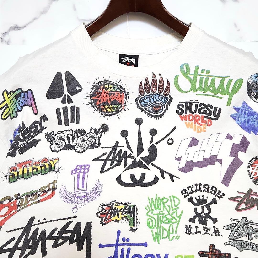 STUSSYステューシー 総柄Tシャツ オール歴代ロゴ 両面プリント Y2K L