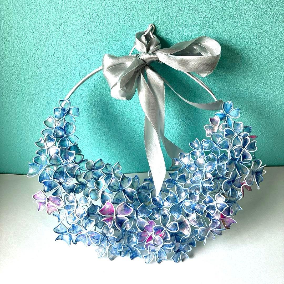 一点物 涼しげなブルー紫陽花リース ワイヤークラフト ディップアート