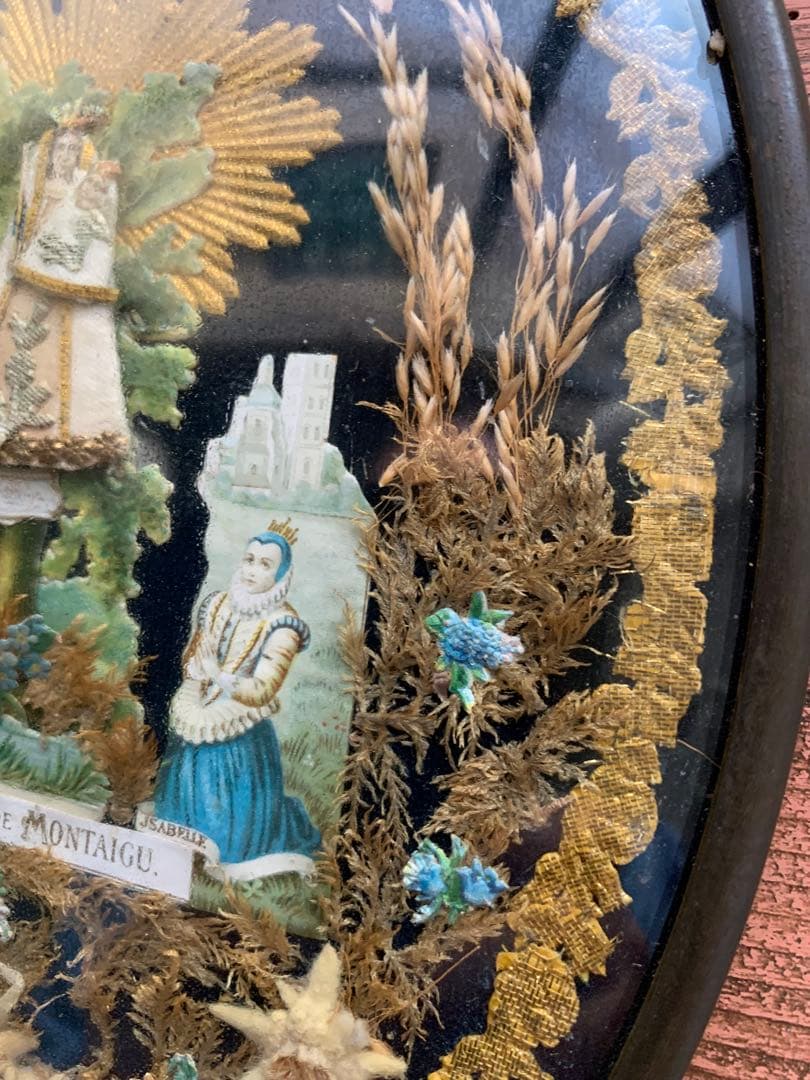 フランスアンティーク 19世紀ベルギーガラス額に美しくデコパージュ