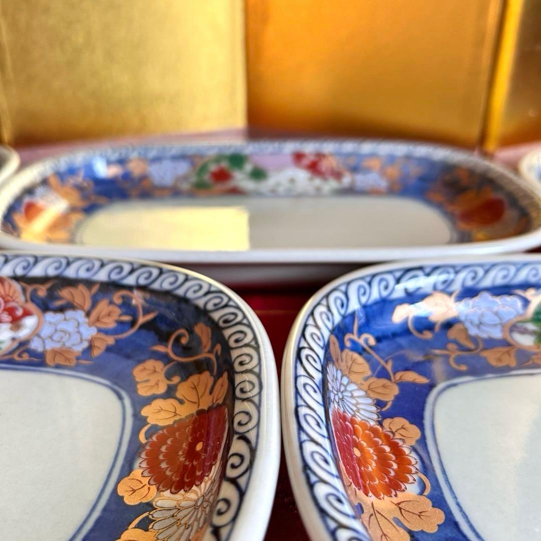 未使用品】有田焼 清秀窯 金彩古伊万里 濃木甲 多用皿揃 楕円皿5客 元