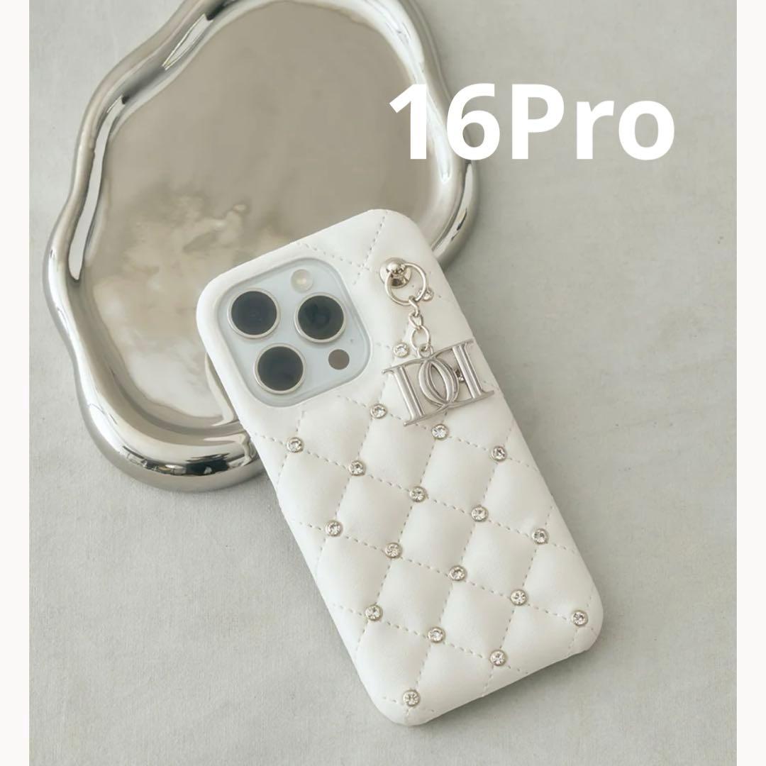 Darich キルティングビジューDDチャームiPhoneケース　16Pro 白 キルティングビジューDDチャームiPhoneケース（スマホケース/カバー
