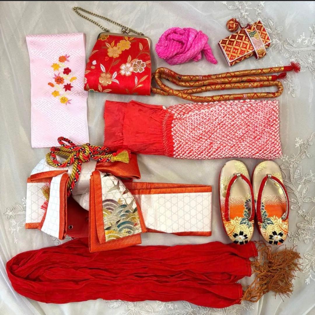 高級】お宮参り 七五三 3歳 着物セット 紅白 金駒刺繍 絞り
