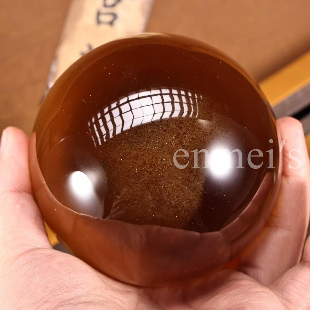 中国古美術・旧収蔵品・珍しい黄色大猫眼石球セット・漆箱付・1.3kg・聚財置物