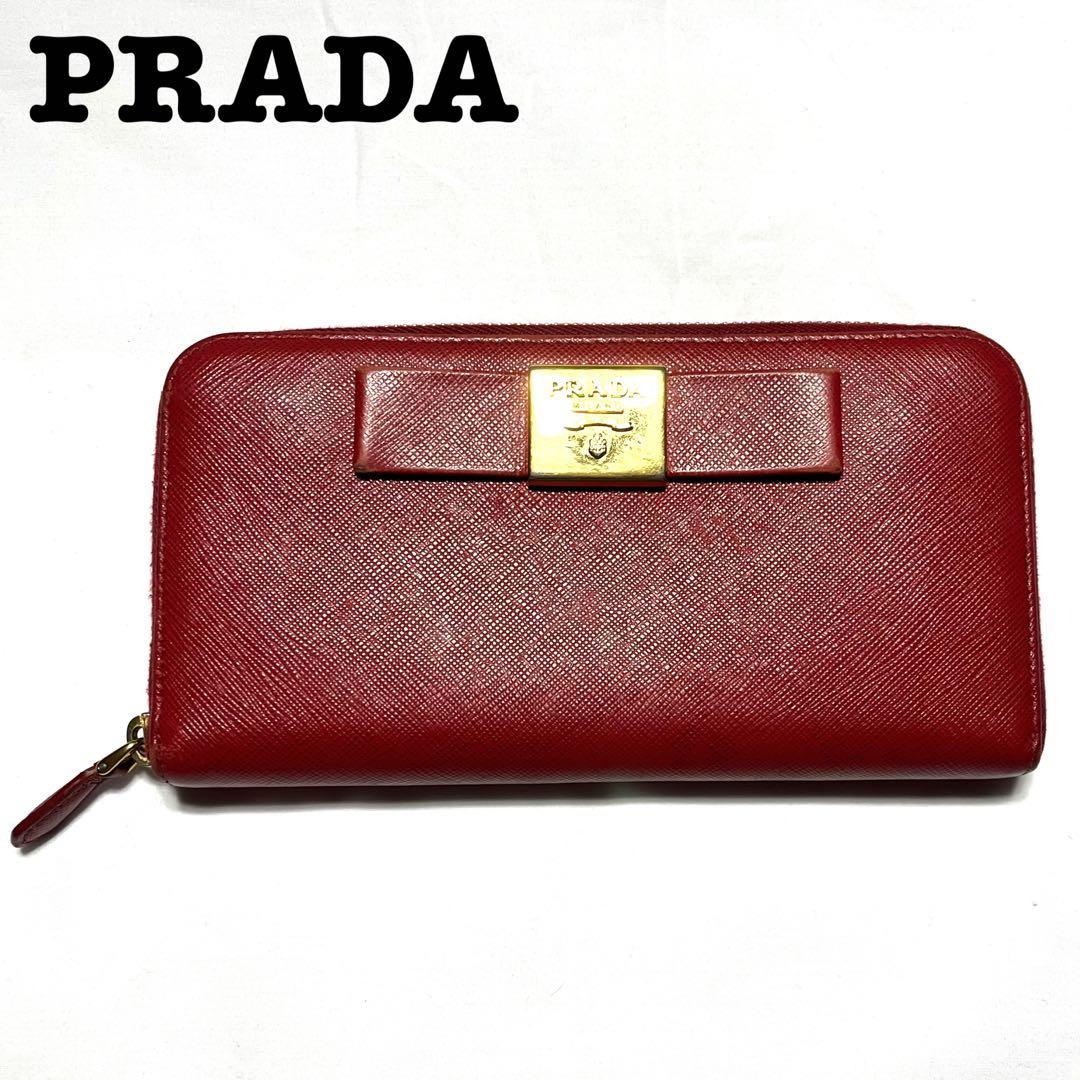 PRADA プラダ　長財布　サフィアーノ　レザー　レッド　リボン　ラウンドジップ PRADA（プラダ） リボン ラウンドファスナー 長財布 ピンク