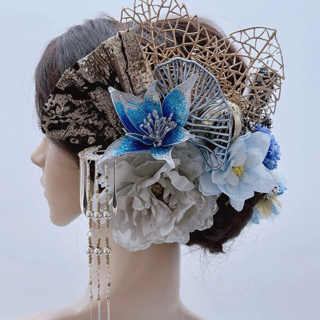 豪華】ディップアート 簪 キラキラ 髪飾り 成人式 卒業式 青 黒 牡丹