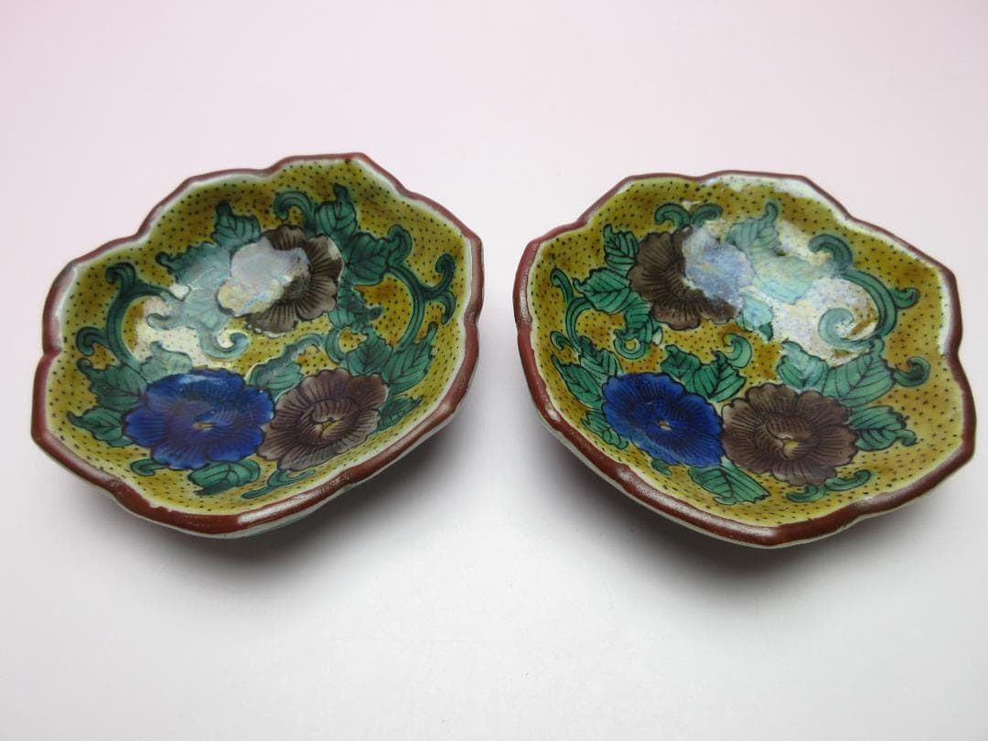 時代物 清六焼 角福 青手風 花形 花紋 銘々皿 5客 TN