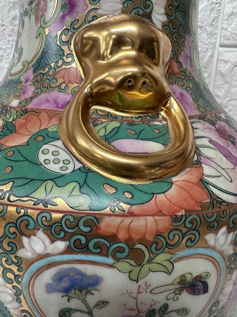 広東絵 粉彩 大花瓶 仕女図 花鳥 46cm 金彩 装飾壺 中国美術