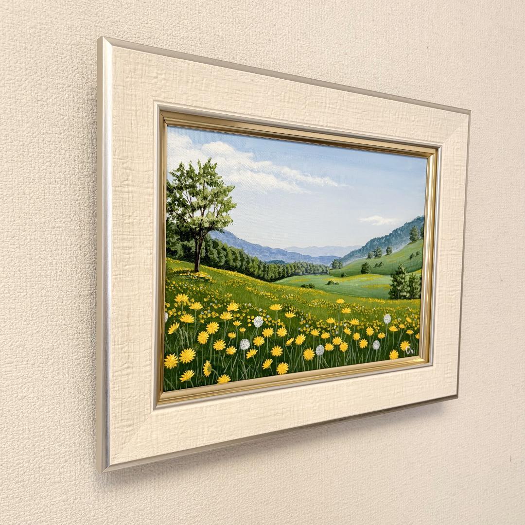 アクリル画 原画 「野花の咲く高原01」額縁付 F4サイズ キャンバス