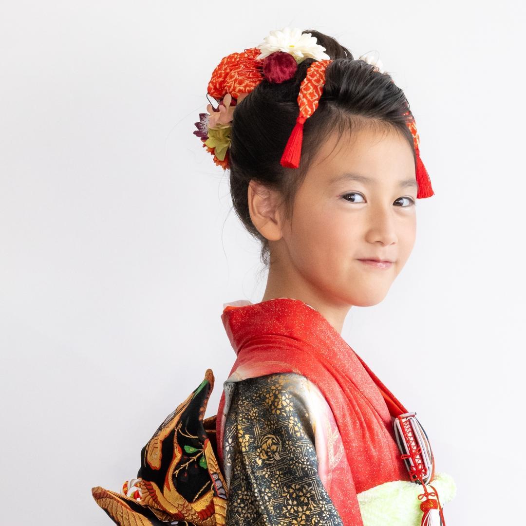 七五三7歳/3歳髪飾り赤A】日本髪かのこ（鹿の子）ちんころ組み紐白水