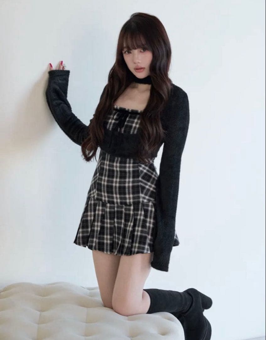 bunnylis ファーボレロ×チェックミニワンピ M BunnyLis:リボンオフショルダーニットトップス – NoGenki