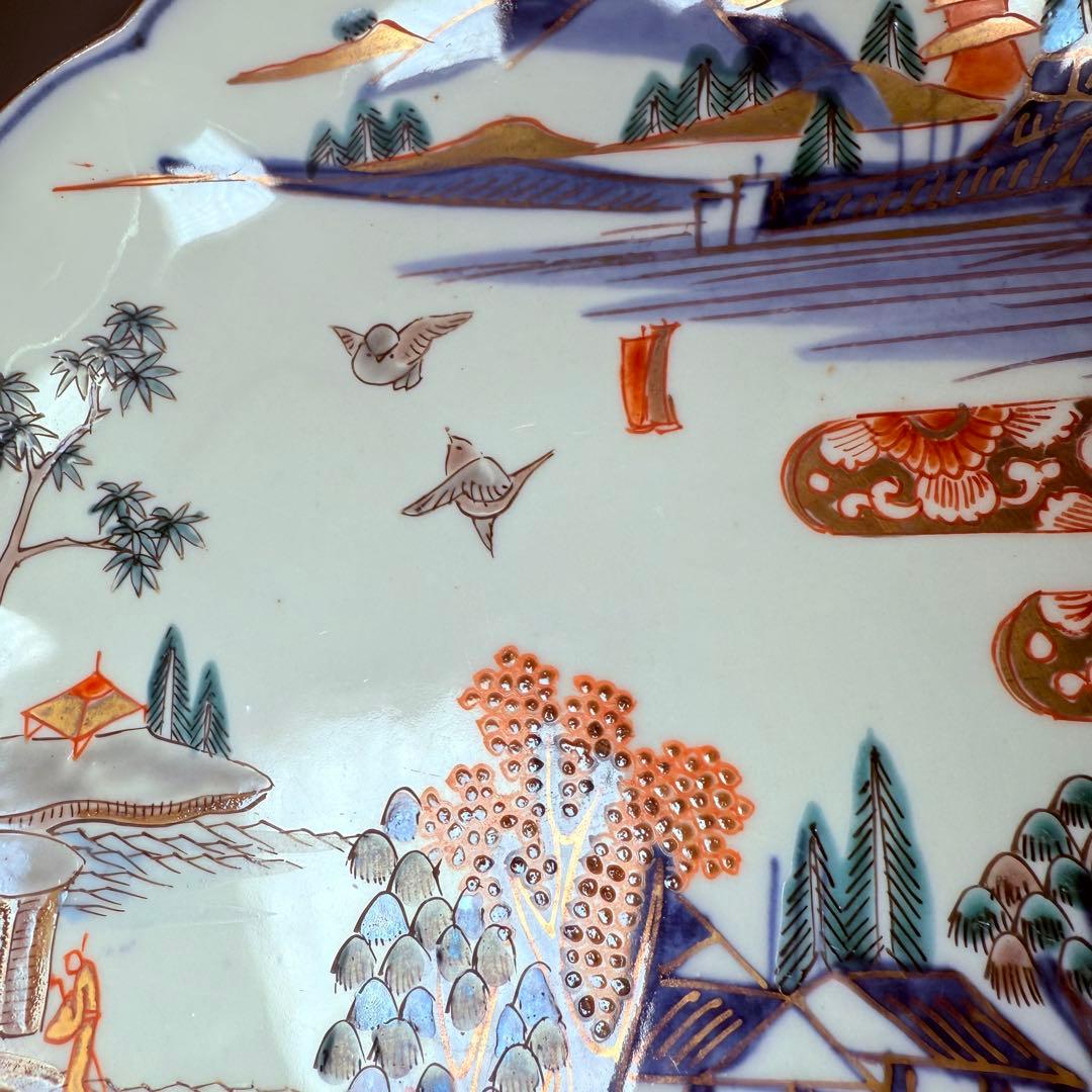 豪商家特注品 古伊万里 染錦風景画輪花型七寸皿