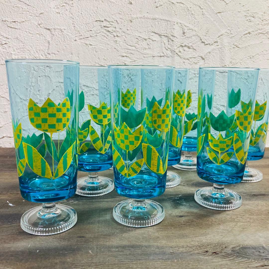 昭和レトロ 激レア アデリア脚付グラス 8脚 花柄 ADERIA ビンテージ コップ グラス アデリアレトロ 脚付きグラス お花 昭和レトロ