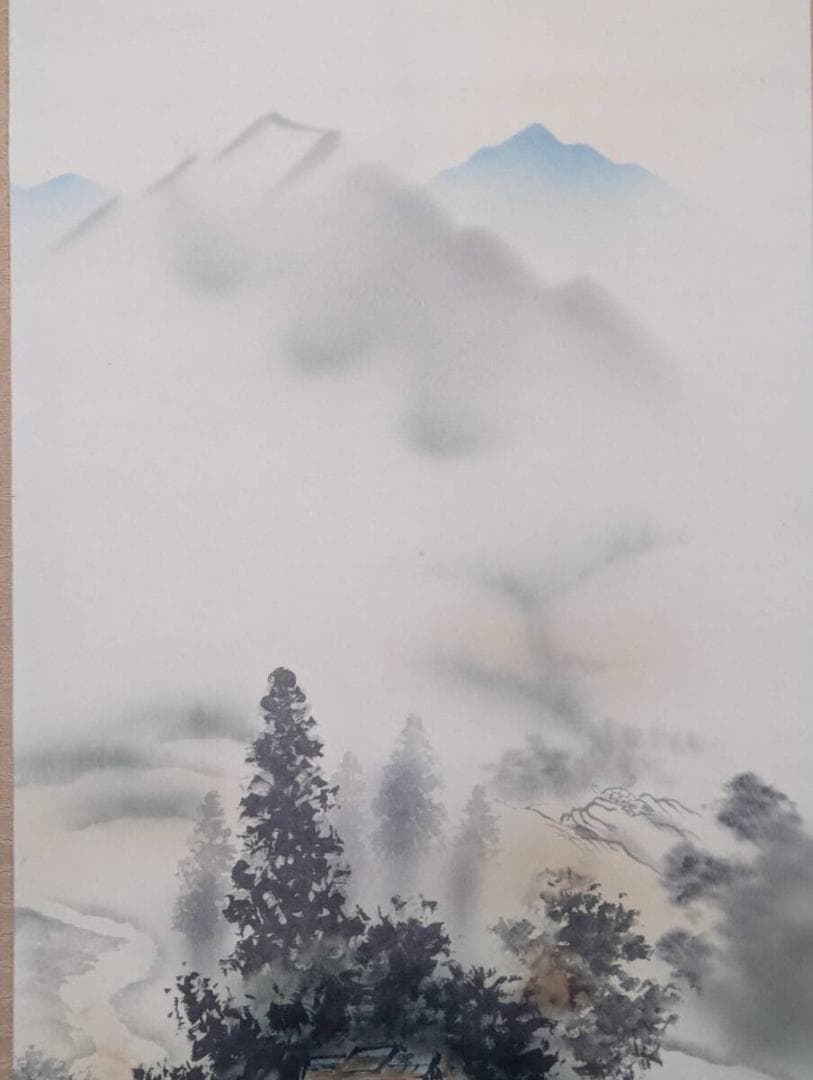 真作】掛軸 長尾梅友 四神相応山水図 茅葺屋根と清流の詩情 共箱入