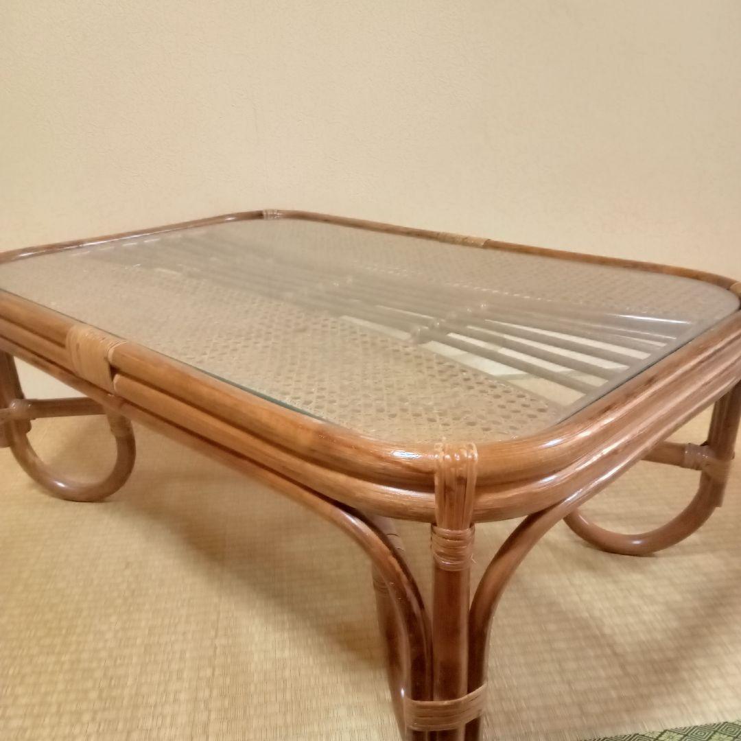 籐 ラタン ガラス天板 ローテーブル 座卓 レトロ モダン 和室 洋室