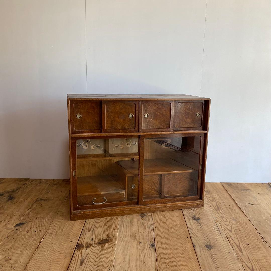 アンティーク ガラス戸棚 水屋箪笥 キャビネット レトロ z859 アンティーク レトロ モダン ガラス引き戸 本棚 書棚 食器棚 水屋箪笥