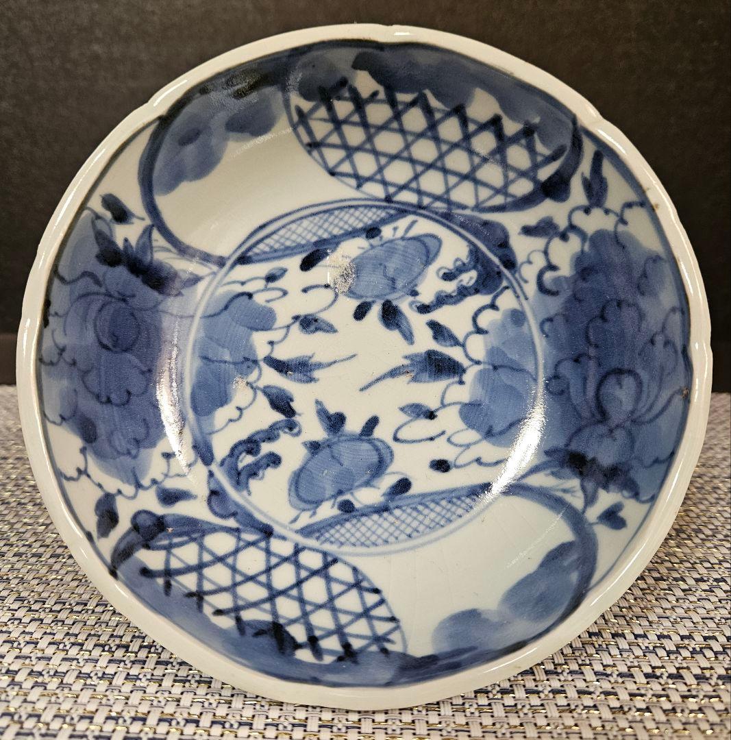 江戸時代中期～後期 古伊万里 染付 花の図 厚手造り なます皿 膾皿 深