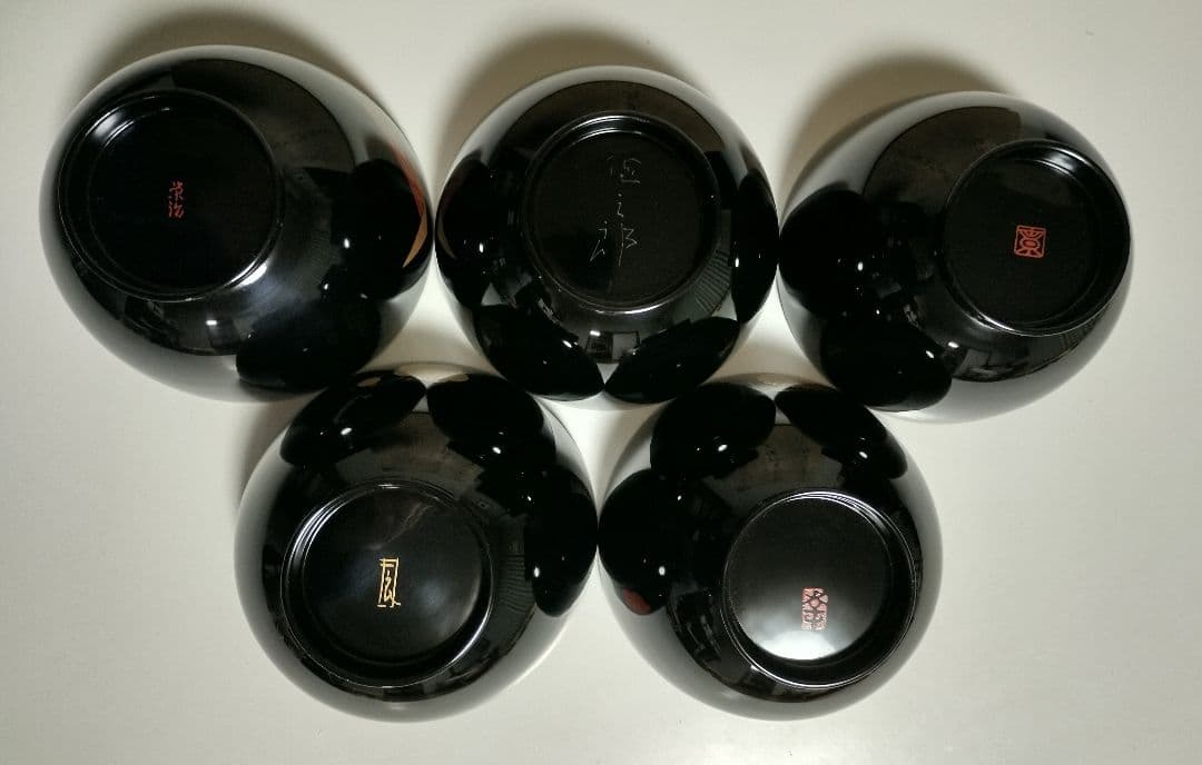 輪島塗 四君子蒔絵 遠山沈金 吸物椀 5客セット 角偉三郎など5人作家