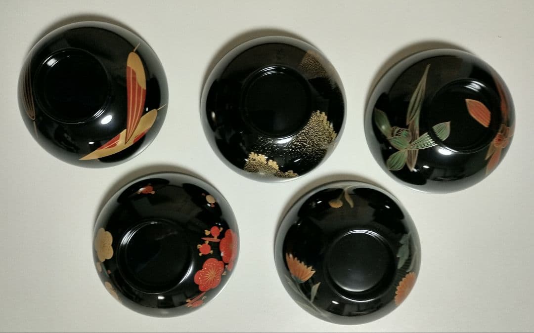 輪島塗 四君子蒔絵 遠山沈金 吸物椀 5客セット 角偉三郎など5人作家