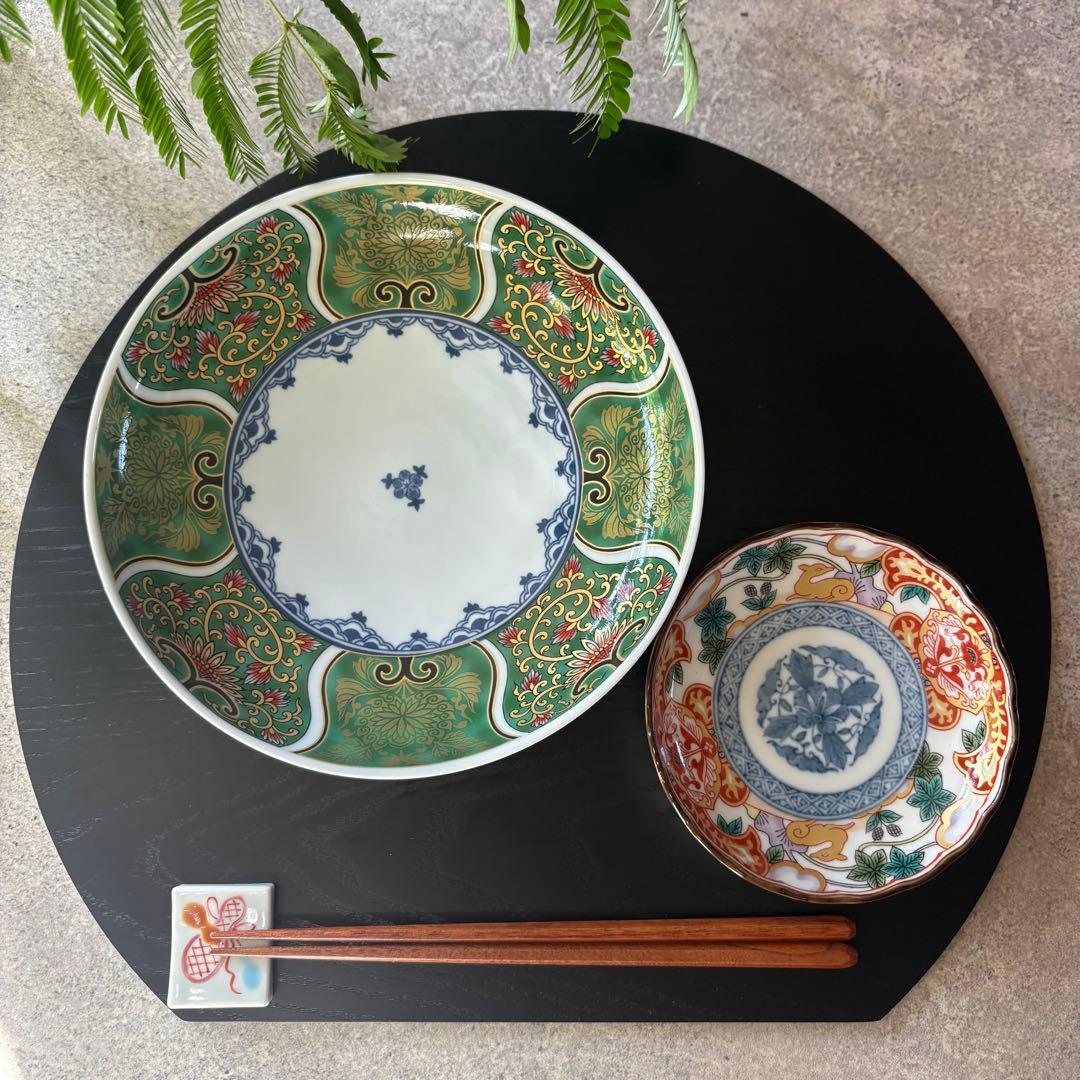 献上古伊万里　大皿　４枚　緑　グリーン　金彩　多用皿　19.5cm プレートL