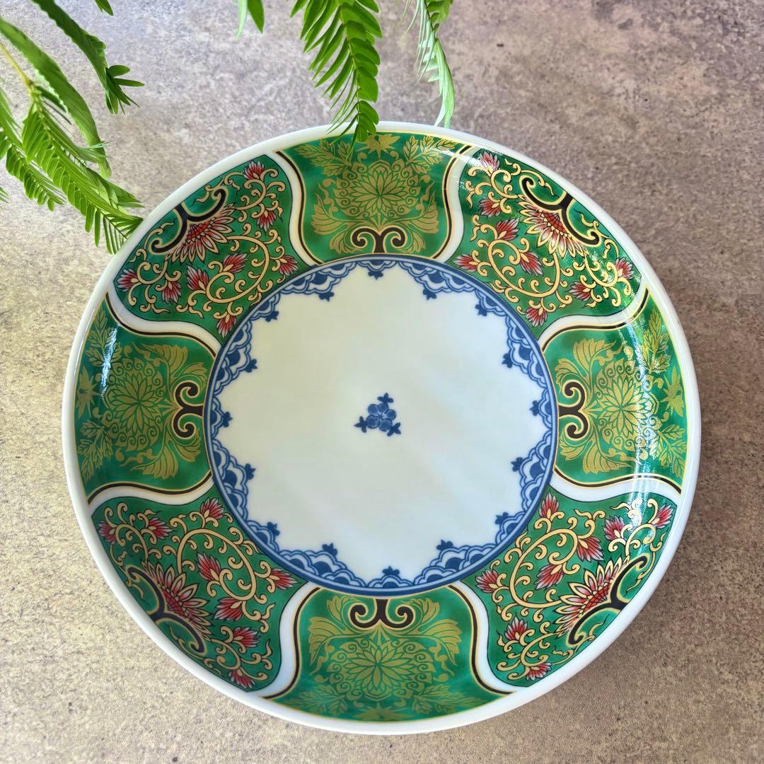 献上古伊万里　大皿　４枚　緑　グリーン　金彩　多用皿　19.5cm プレートL