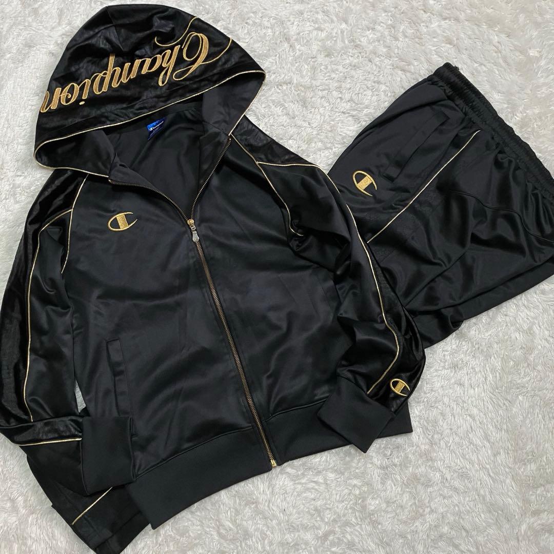 人気✨チャンピオン ジャージ 上下 魔裟斗モデル 刺繍ロゴ 黒×金 L