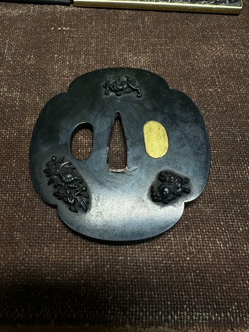 赤銅 鍔 つば 武具 象嵌 波兎 獅子牡丹 江戸時代 骨董古美術