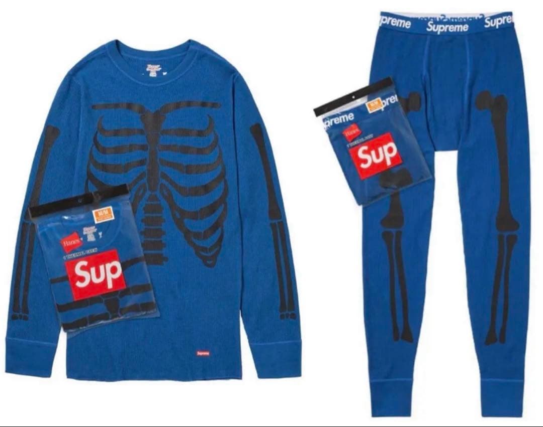 新品 Supreme ヘインズ 骨 サーマル 青 ブルー シュプリーム セット