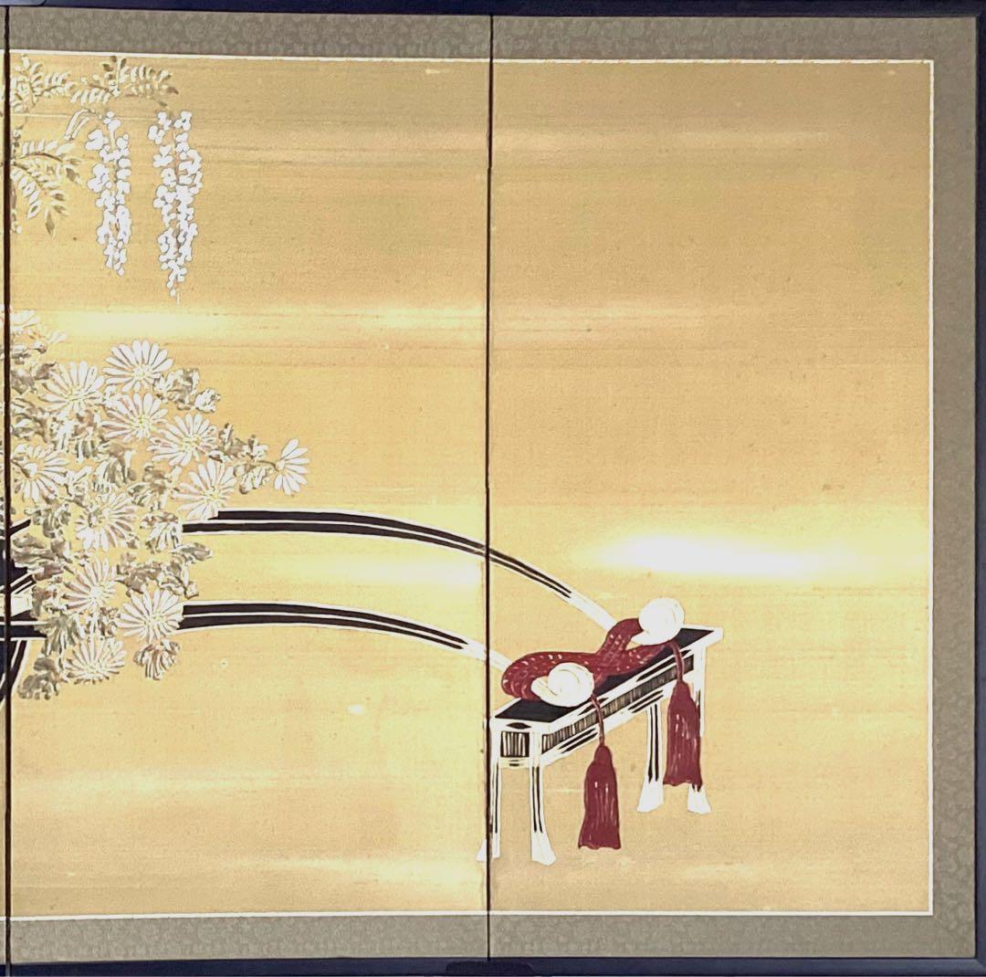 四つ折り屏風 日本画 金箔彩色 『花車』 - メルカリ