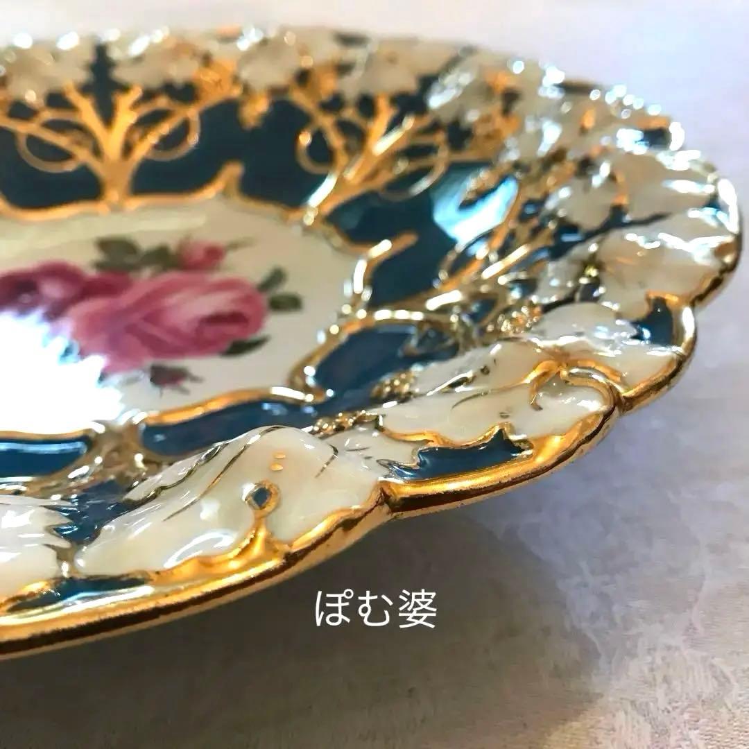 古マイセン】グランツゴールド／飾り皿「紺碧の青地／薔薇と葡萄