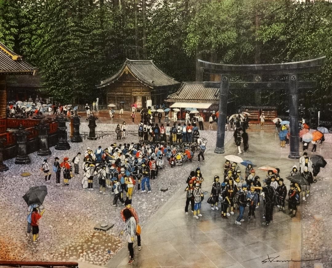 上鈴木正一 油彩画 F15号『日光東照宮にて』全国公募展入選・希少作品