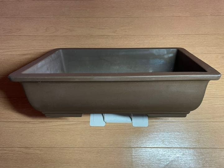 昭和盆栽鉢 紫泥外縁長方鉢切足 「山幸製陶」