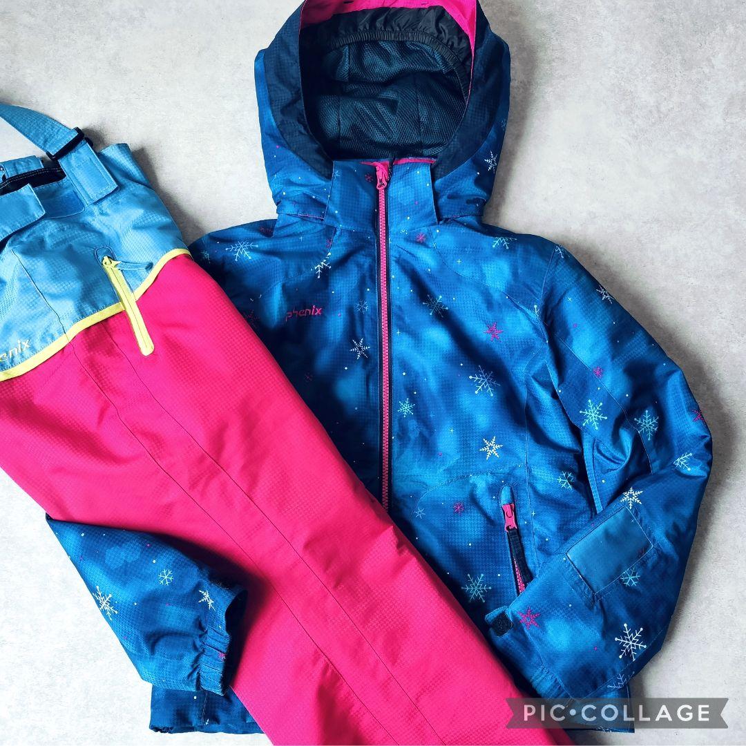 美品 Phenix スキーウェア 女の子150 140 雪結晶ブルー×ピンク上下