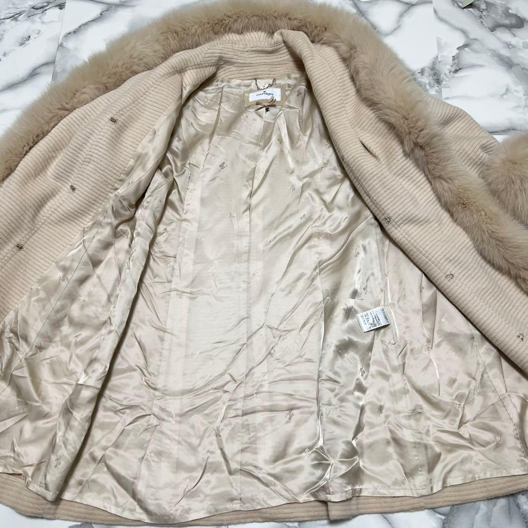 美品】クレージュ ロングコート アンゴラ フォックスファー ロゴ総柄