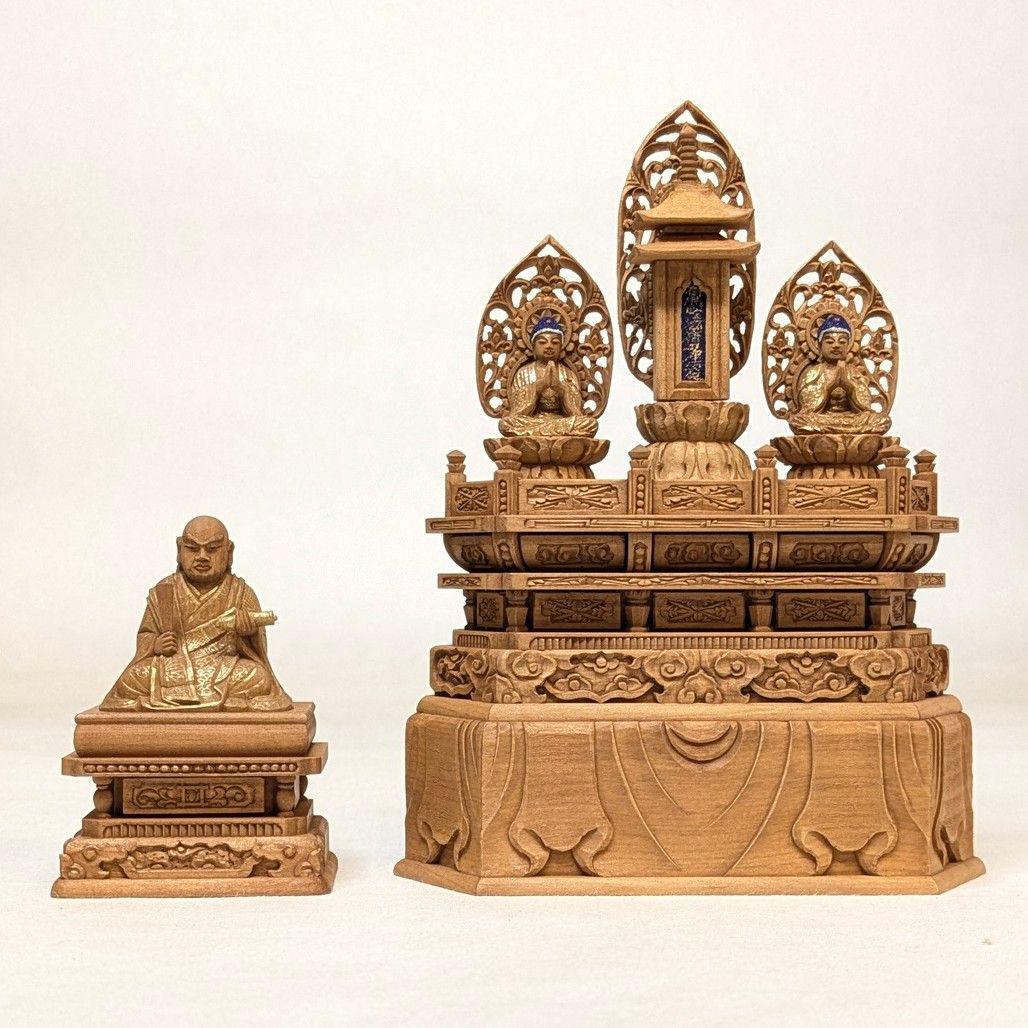 セール・新品】 厨子入り 日蓮聖人 三宝尊 紅檀 金泥 総高さ約21