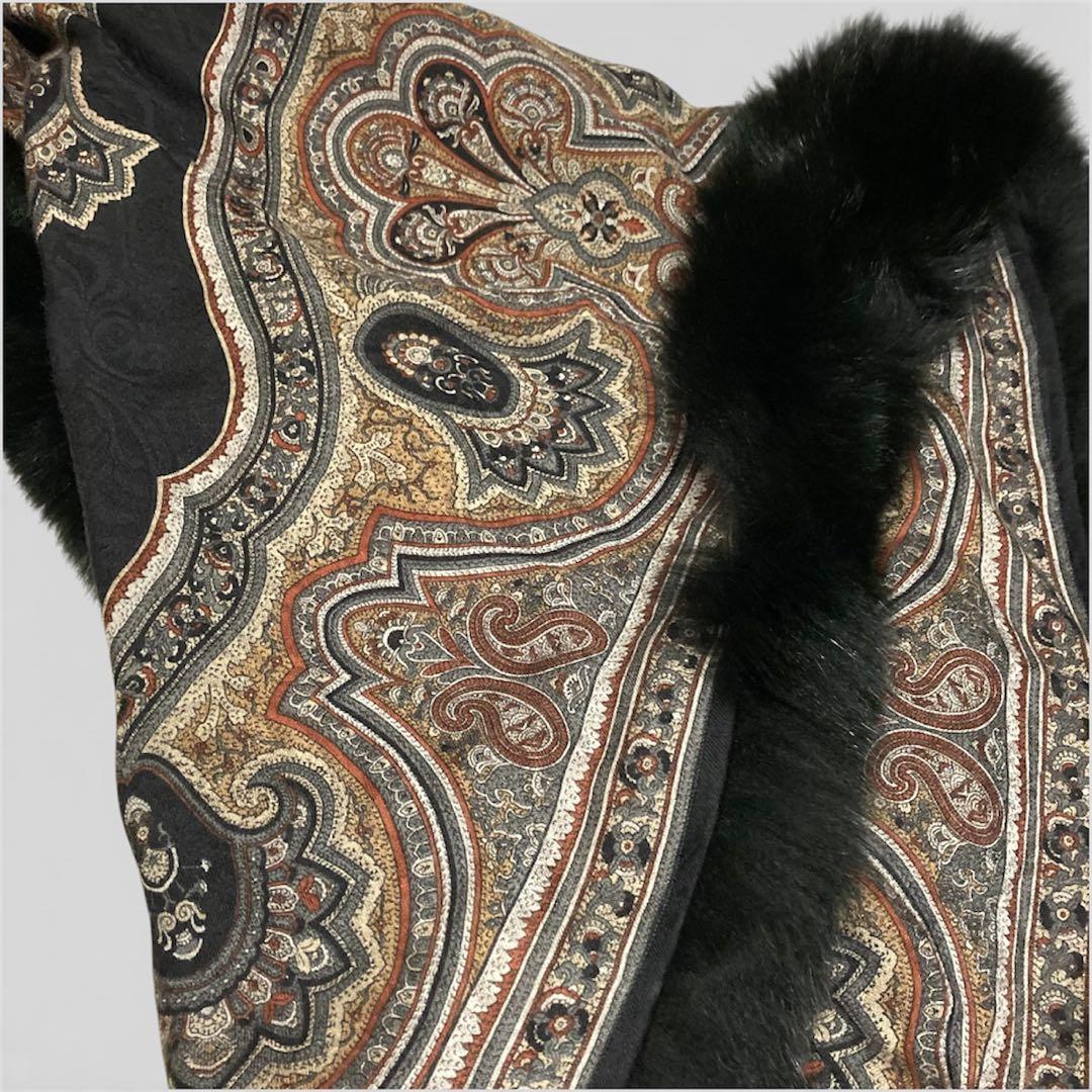 ファー ショール ストール 黒 ペイズリー柄 ウール シルク混