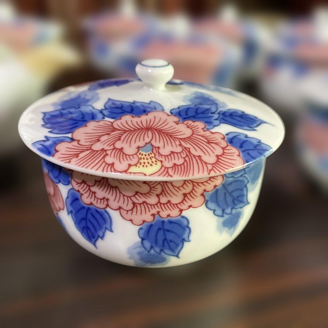 有田焼 有田有陶作 色牡丹絵柄 急須と蓋付き湯呑み10セット