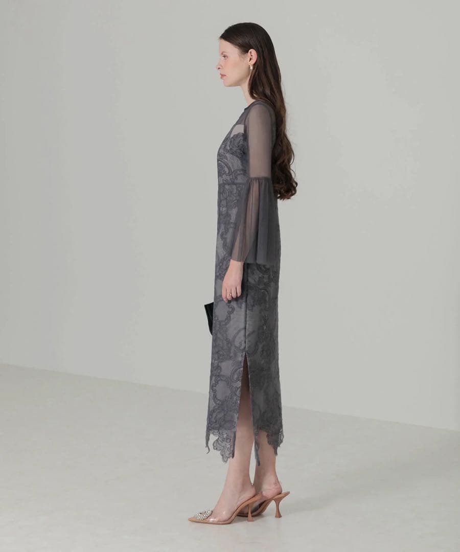 Leja シアープリーツスリーブIラインワンピースドレス グレー レース