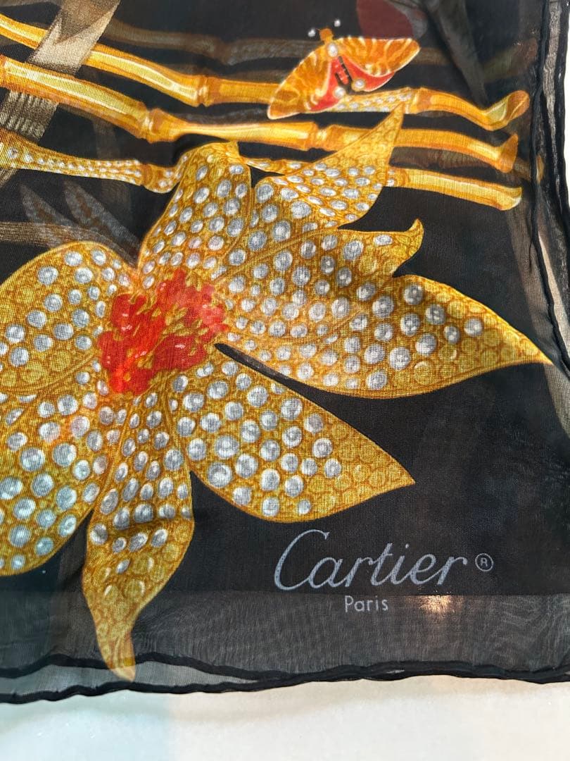 Cartier 花柄 トンボダイヤてんとう虫シルクスカーフ黒地シルク