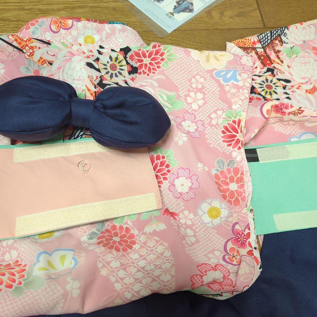 着付け簡単袴セットブーツセット 刺繍入り いにしえ華車桃×紺袴セット