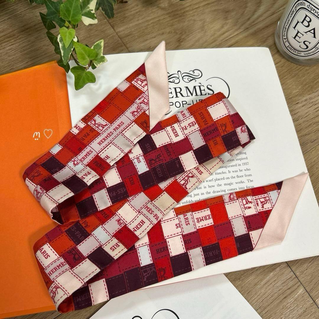 HERMES エルメス ツイリー ボルデュックリボンチェック シルクスカーフ